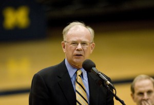 17 April 2007: Michigan Athletic Director Bill Martin speaks to fans at a rally to welcome John Beilein as Michigan's new men's basketball coach and Kevin Borseth as its new women's coach at Crisler Arena in Ann Arbor, MI.